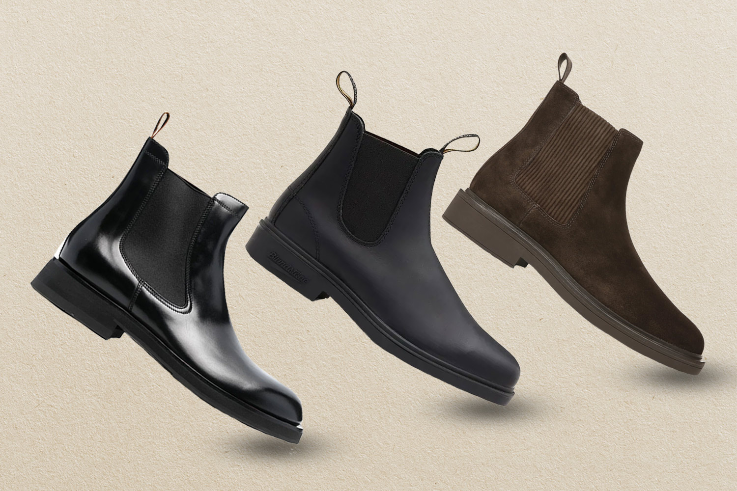 Three pairs of ankle Chelsea boots on beige background