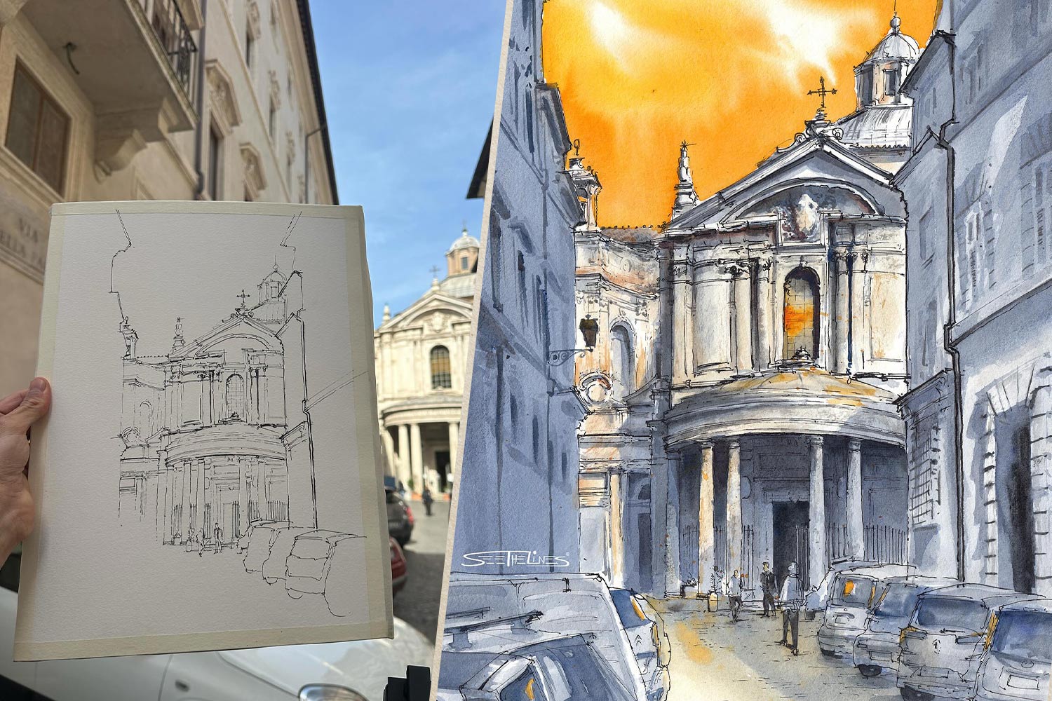 Collage of the early stages of a sketch vs. the finished sketched