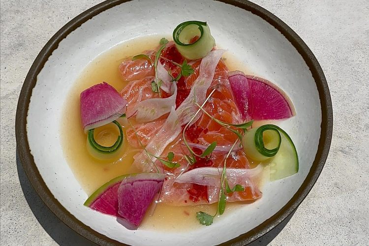 Gourmet plated dish of raw salmon with colorful garnish