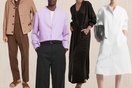 A variety of men's and women's lightweight clothing on models