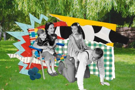 Digital collage of bright scraps of paper and 1950s family playing in grass